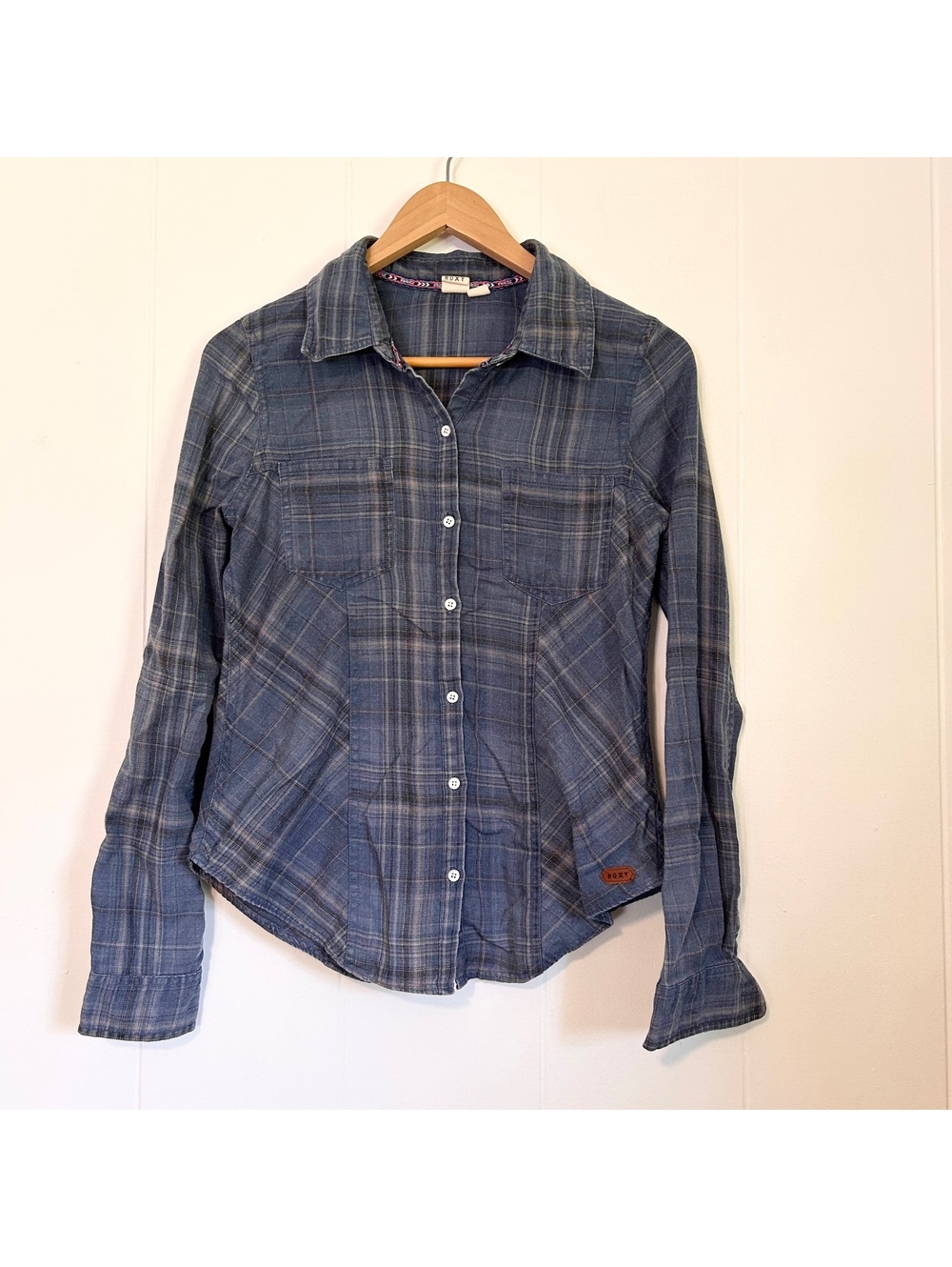 Roxy Blue Plaid Long Sleeve Button Up Collared Flannel Shirt Women's Small